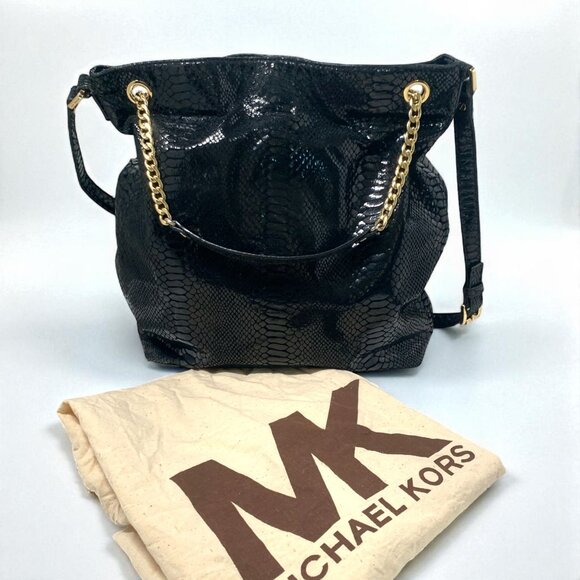 Michael Kors Black Python-Embossed Leather Tote Gold Chain Straps & Logo Charm - Picture 11 of 11